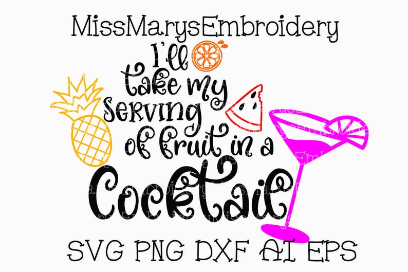 Op de afbeelding: Een zwart-wit grafisch ontwerp met de tekst "I'll take my serving of fruit in a Cocktail" met een ananas, een watermeloenplak en een roze cocktailglas met een limoenwig.