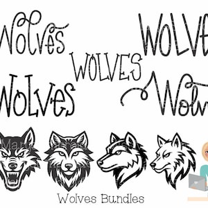 Puede incluir: Una colección de gráficos de lobos en blanco y negro. La imagen incluye varias ilustraciones estilizadas de cabezas de lobo y la palabra "Wolves" en diferentes fuentes. El texto incluye "SVG PNG DXF AI EPS" y "Wolves Bundles".