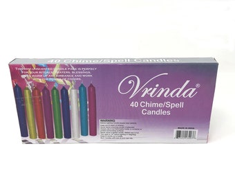 May include: A box of 40 unscented chime or spell candles in various colors. The box is purple and has the text "Vrinda" and "40 Chime/Spell Candles" on it. The box also has a warning label and is made in India.