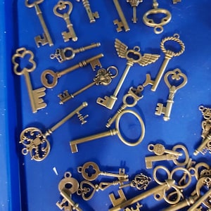May include: A collection of antique-style skeleton keys in various shapes and sizes, including winged, heart, and clover designs. The keys are arranged on a blue surface.