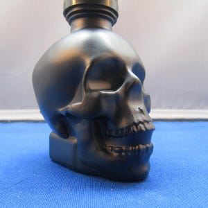 May include: A black glass bottle shaped like a skull. The bottle has a black cap and a detailed skull design.