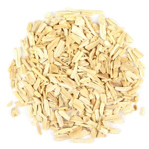 May include: A pile of light beige, chipped wood pieces against a white background. The wood pieces are irregular in shape and size, with a rough texture. The image is a top-down view of the wood chips.