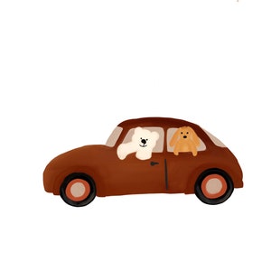 May include: A brown vintage car with a white bear and a brown dog looking out the windows.