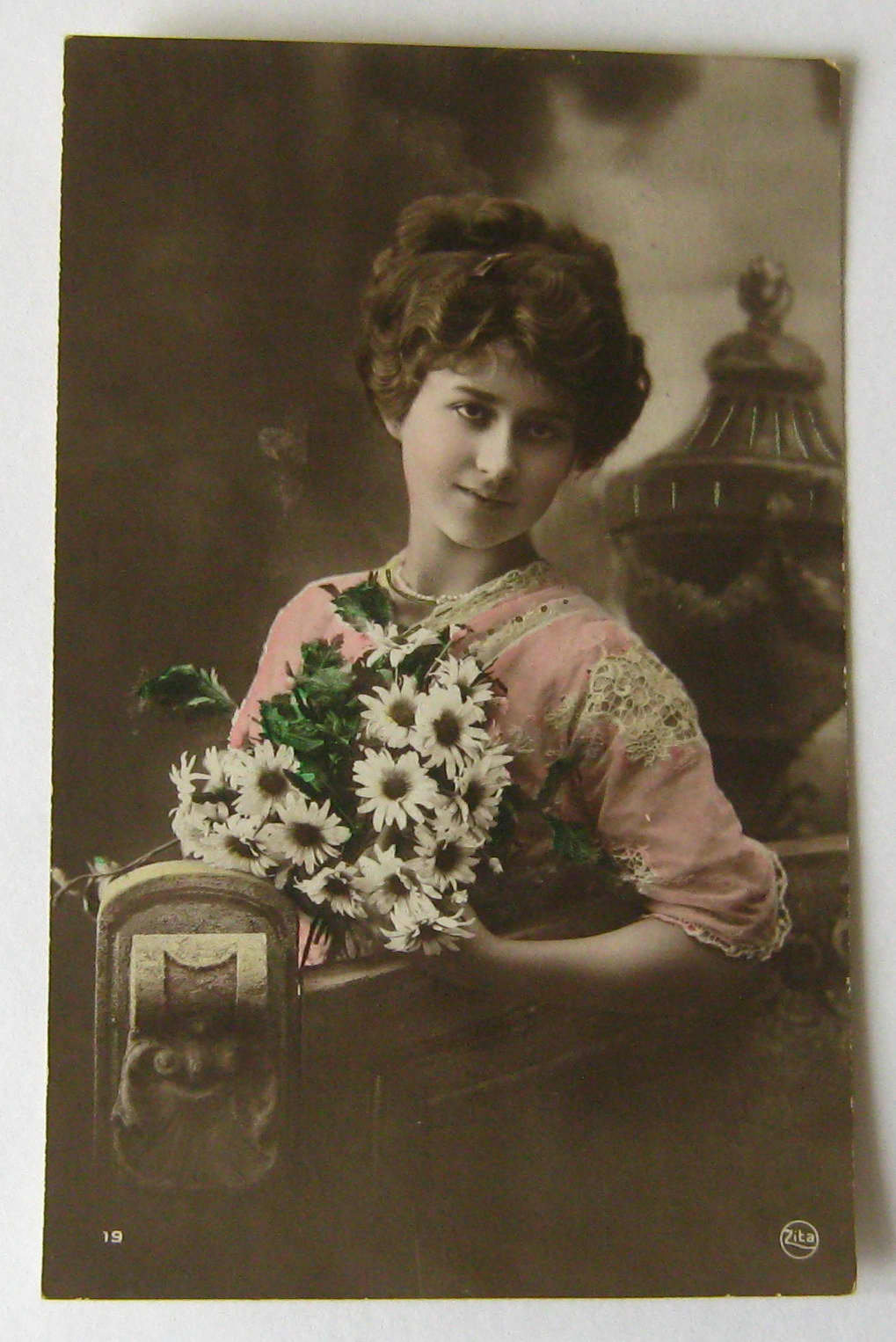 Image of 1915 Antique Colour Tinted French Postcard Pretty Young Lady Holding Flowers Colour Post Card Photo Photograph Rppc Woman Girl Female Gift