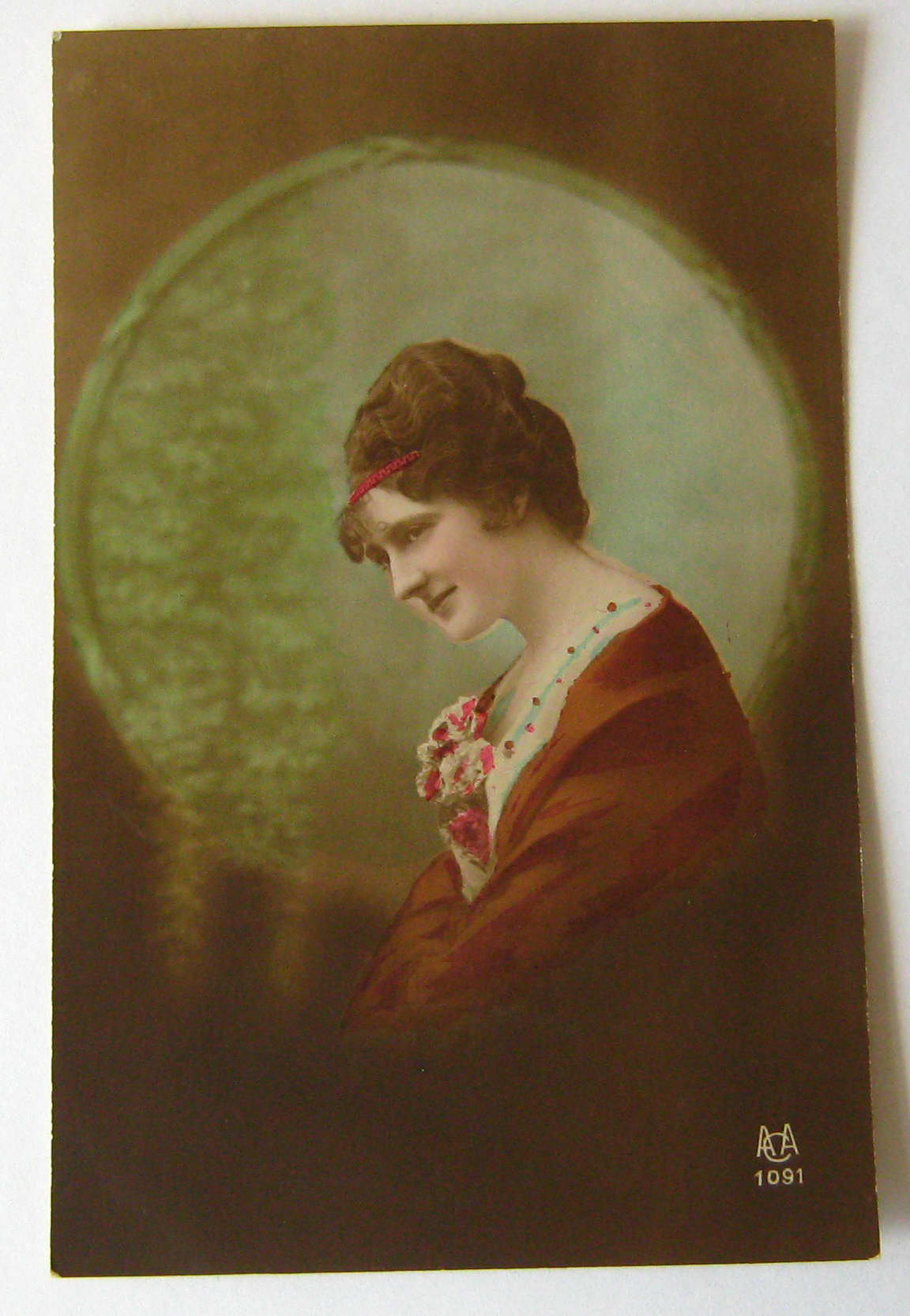 Image of 1916 Antique French Color Postcard Pretty Lady With Headband