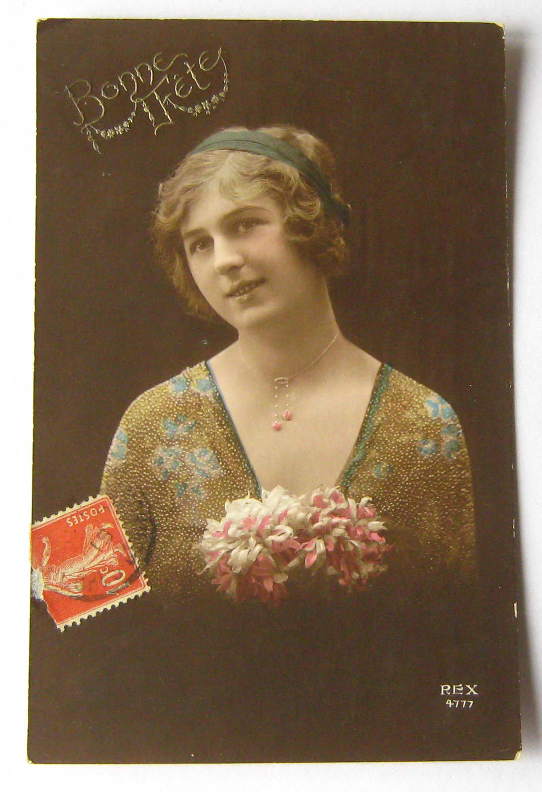 Image of 1911 Antique French Color Tinted Postcard Lady With Flowers Bonne Fete Happy Birthday Rppc Photo Photograph