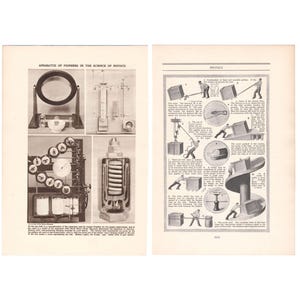 May include: Vintage print featuring scientific apparatus and physics diagrams. The left page shows detailed illustrations of early scientific instruments, while the right page displays diagrams of physics principles. The text reads "APPARATUS OF PIONEERS IN THE SCIENCE OF PHYSICS" and "PHYSICS".