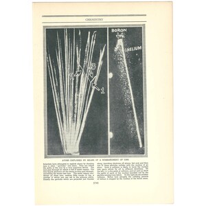 May include: A monochrome illustration from a chemistry textbook showing atomic explosions through ion bombardment. Labels include 'Boron' and 'Helium', with numbered arrows indicating particle paths. Text at the bottom explains the experiment.