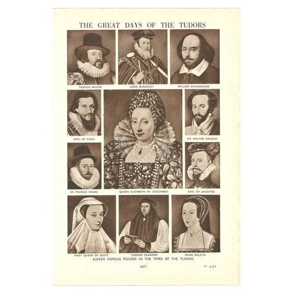 Famous Figures In Tudor Times Vintage 1950s Print. English Scottish British History Gift. Genuine Original Lithograph Book Page/Plate.