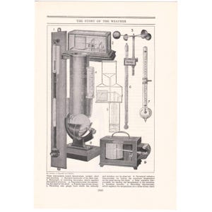 Vintage 1930&#39;s Meteorological Instruments Print. Story Of The Weather. Meteorology Gift Present Idea. Genuine Original Lithograph Book Page.
