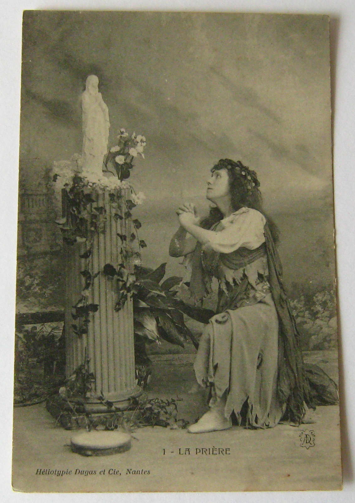 Image of 1900's Antique French Black & White Postcard Lady Praying in Front Of Statue 190? Heliotypie Dugas Nantes