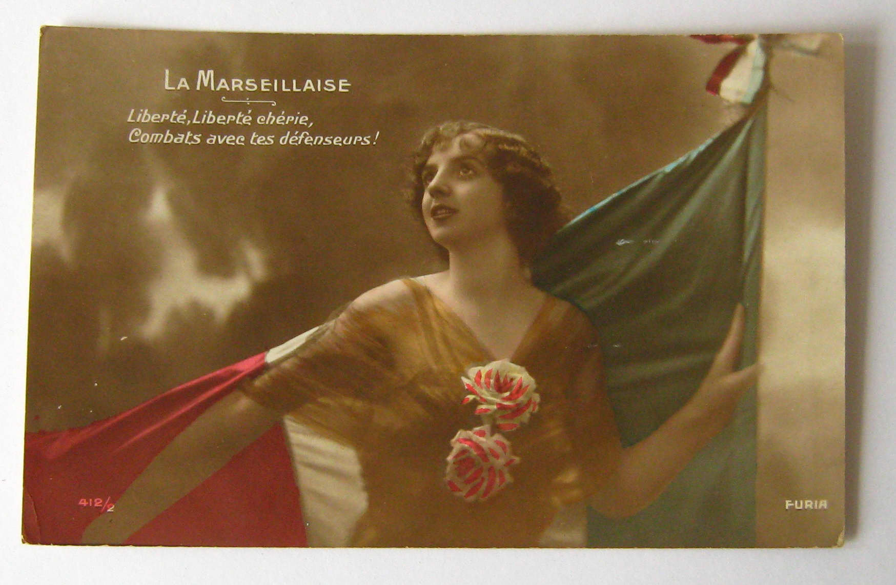 Image of 1916 Antique French Color Tinted Postcard Woman With France Flag Post Card Vintage Gift Pretty Lady