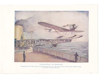 Catapulting An Aeroplane Vintage 1930's Print. Genuine Original Book Plate. Aviation Transport Social History. Unframed Art For House Home.