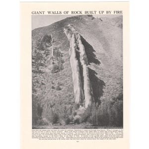 May include: A black and white vintage print titled GIANT WALLS OF ROCK BUILT UP BY FIRE, featuring a geological formation known as the Devil's Slide in Utah. The image shows two parallel rock dikes ascending a hillside, with descriptive text below.