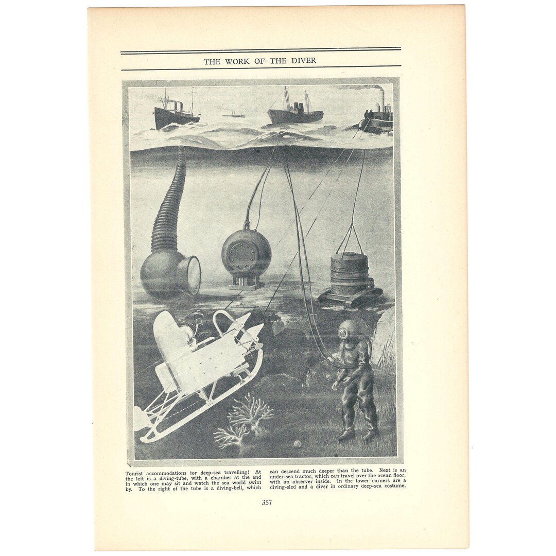 1930s Deep Sea Diving Lithograph Print. Genuine Original Book Page ...
