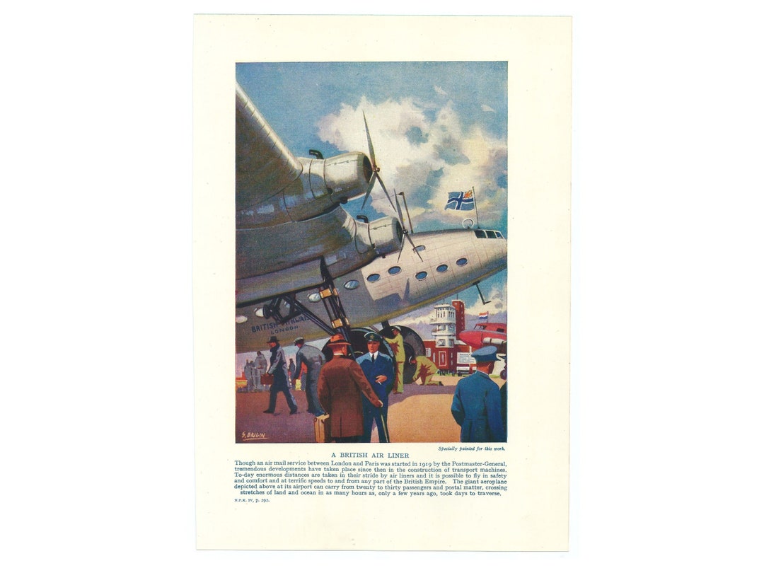 Vintage 1950's Aeroplane Print. Genuine Original Lithograph Book Plate