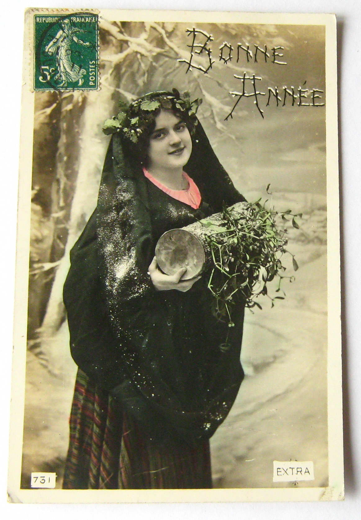 Image of 1911 Antique French Postcard Bonne Annee Happy New Year Post Card Vintage Girl in Snow Scene Winter Photo Photograph Rppc