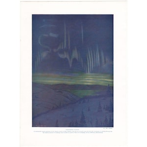 May include: A vintage print of a landscape featuring the Northern Lights. The artwork depicts a dark blue sky with streaks of green and white light, above a landscape of rolling hills and trees. The text "NORTHERN LIGHTS" is visible.