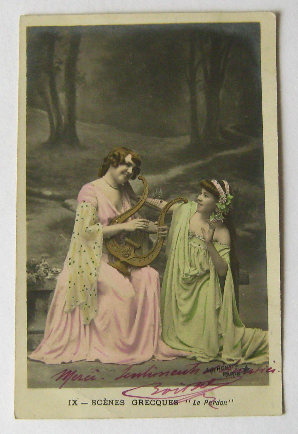 Image of 1904 French Antique Colour Postcard Two Women Ix Scenes Greques Le Pardon Pink 7 Green Dresses Playing A Harp Laide Girls