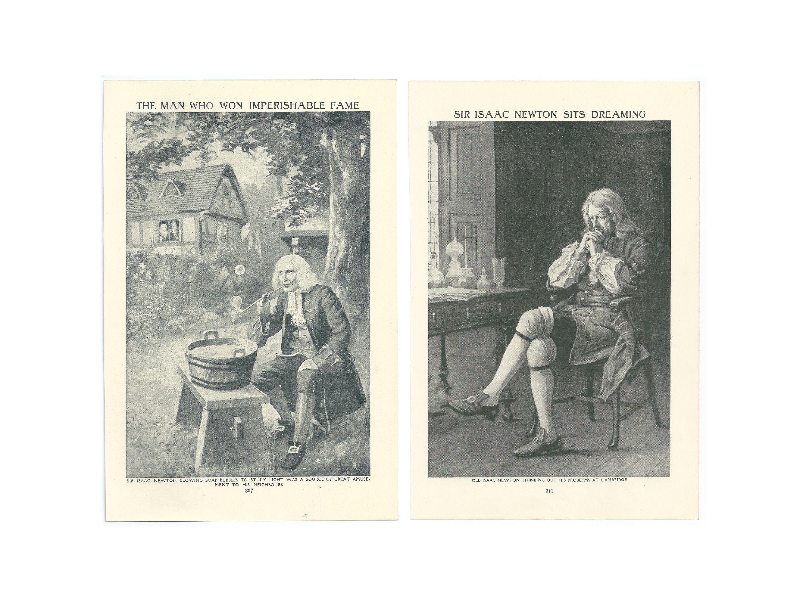 Isaac Newton 2 x Vintage 1920's Lithograph Prints. Genuine Original Book Pages/Plates. English History Gift. Science Scientist Art Pictures.