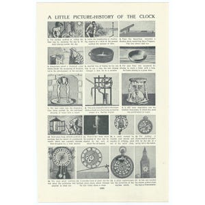 May include: A black and white illustration showing the history of the clock. The image shows different types of clocks, including sundials, water clocks, hourglass, and mechanical clocks. The text "A Little Picture-History of the Clock" is at the top of the image.