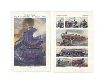 2 x Vintage 1920's Railway Engine Prints. Steam Rail Transport Lithograph Art Artwork. Railwayana Illustrations Drawings. Christmas Gift.