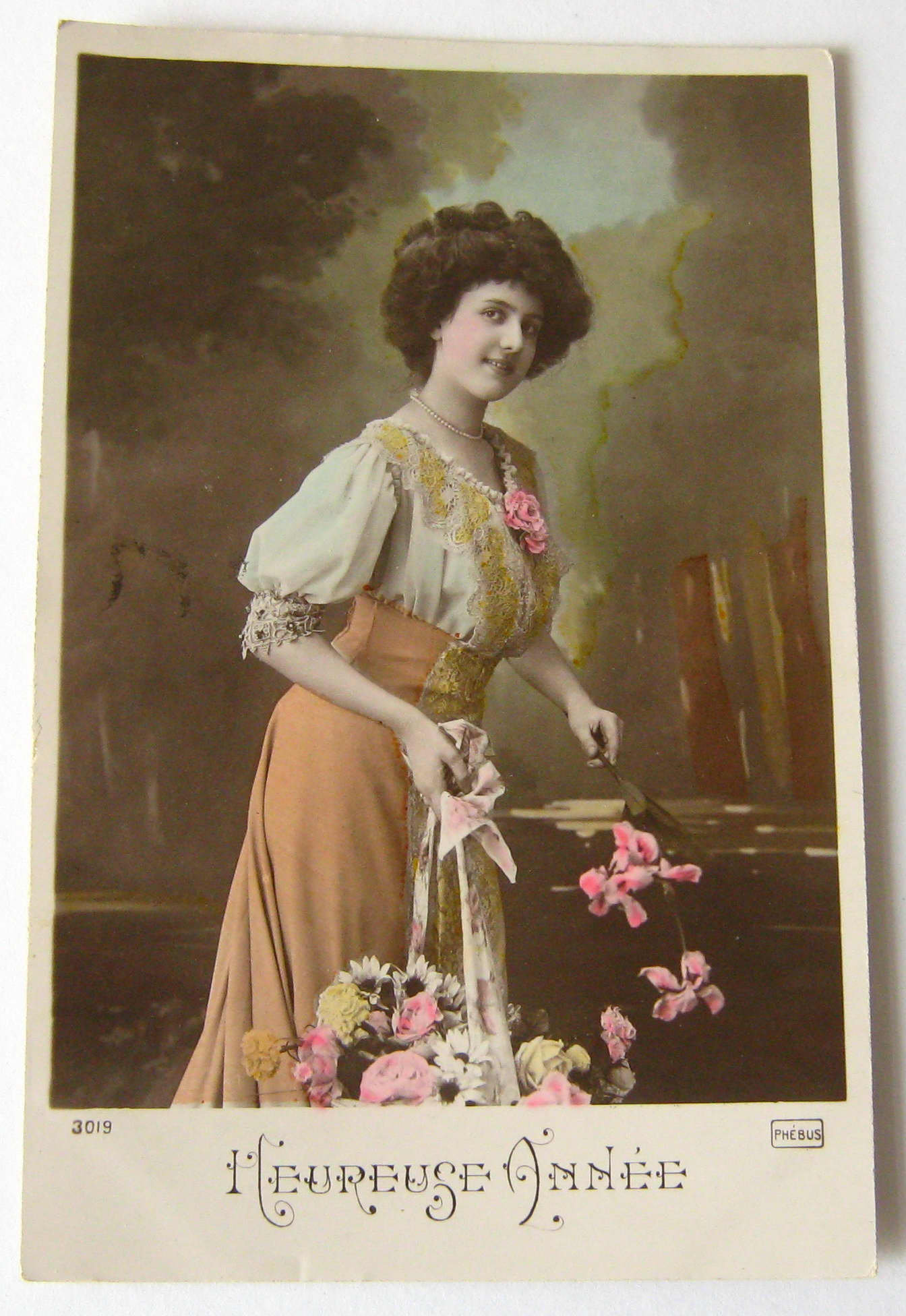 Image of 1912 Antique French Postcard Huereuse Annee Young Lady Holding Flowers Woman