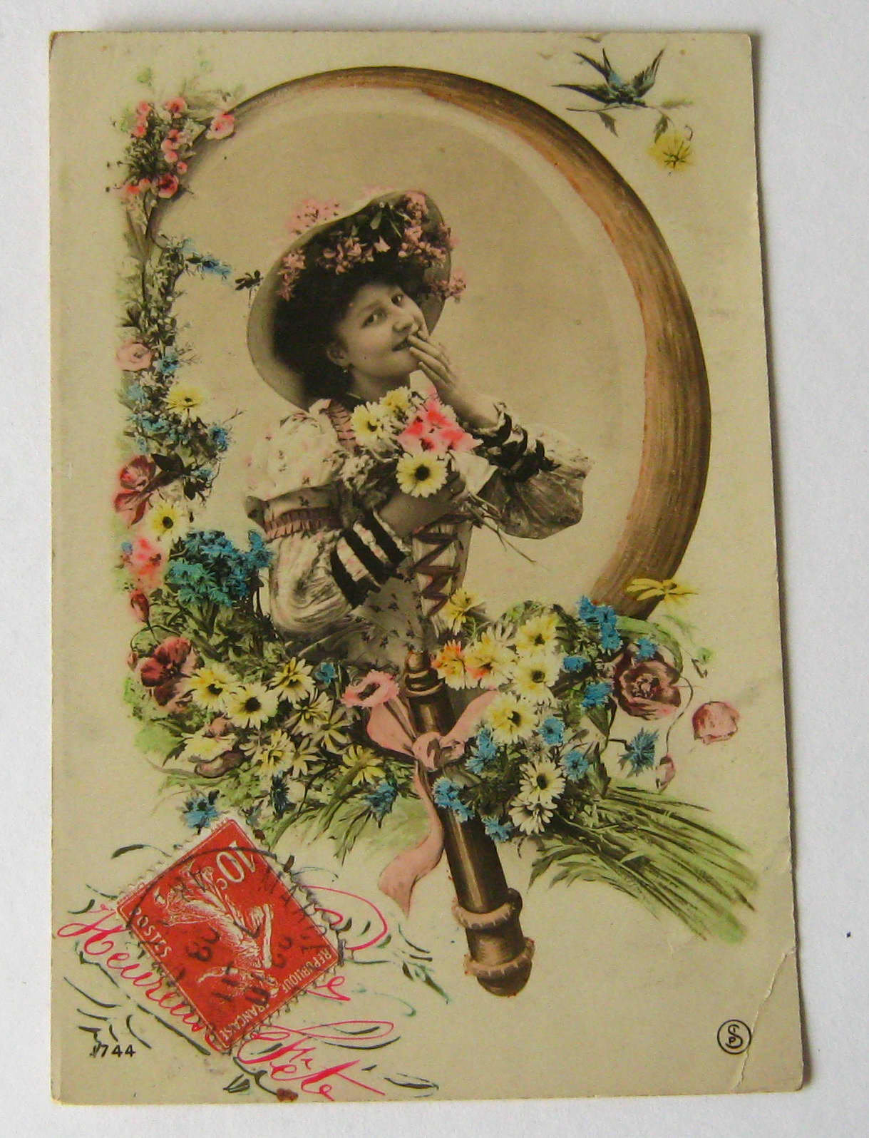 Image of 1908 Antique French Colour Postcard Smiling Lady Holding Flowers Color Vintage Post Card