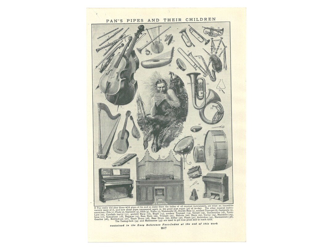 Vintage 1920's History of Musical Instruments Print. Pan's Pipes and ...