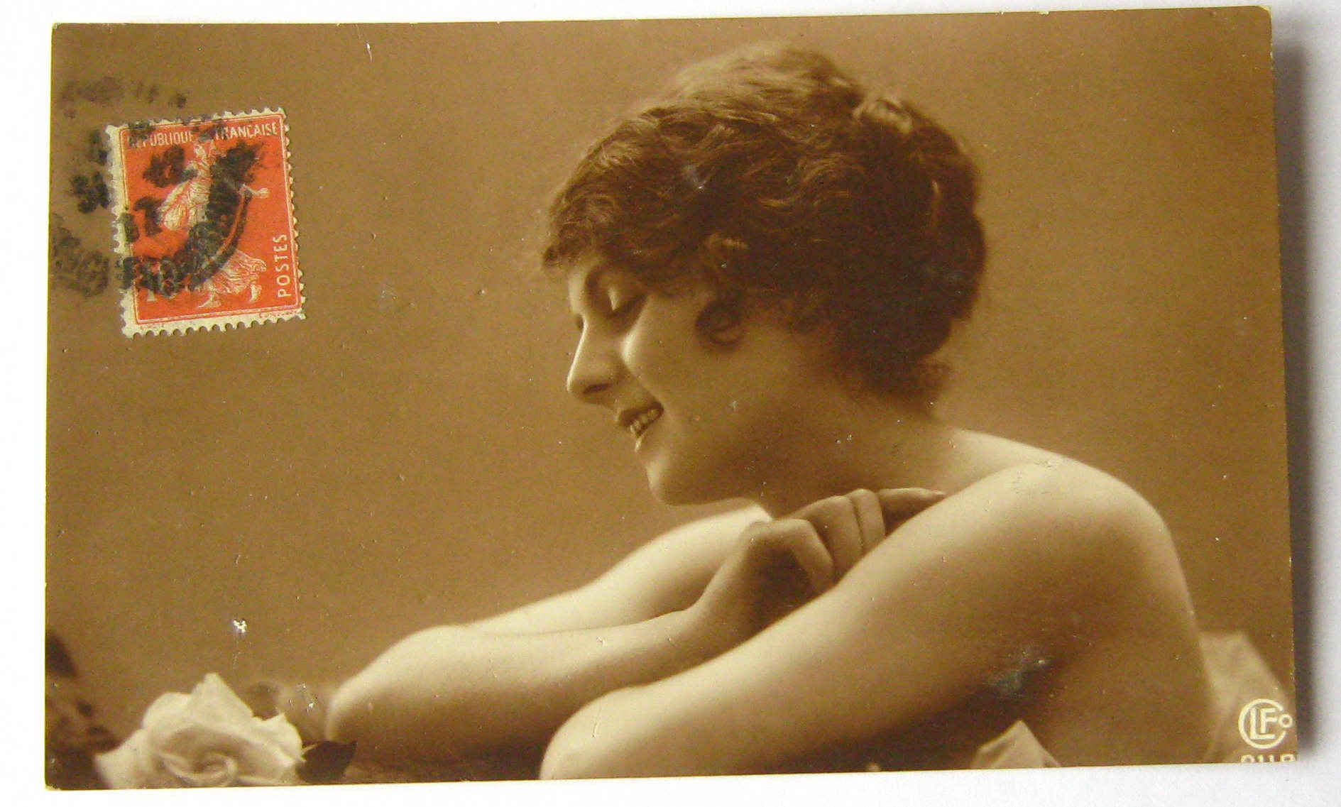 Image of 1917 Antique French Sepia Black & White Postcard Elegant Young Lady Vintage 1910's Post Card Photo Photograph Rppc