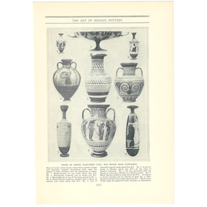May include: A monochrome illustration of ancient Greek pottery, including vases and jugs with intricate designs. The image features a variety of shapes and sizes, with text at the top reading "THE ART OF MAKING POTTERY". The image is a historical illustration.