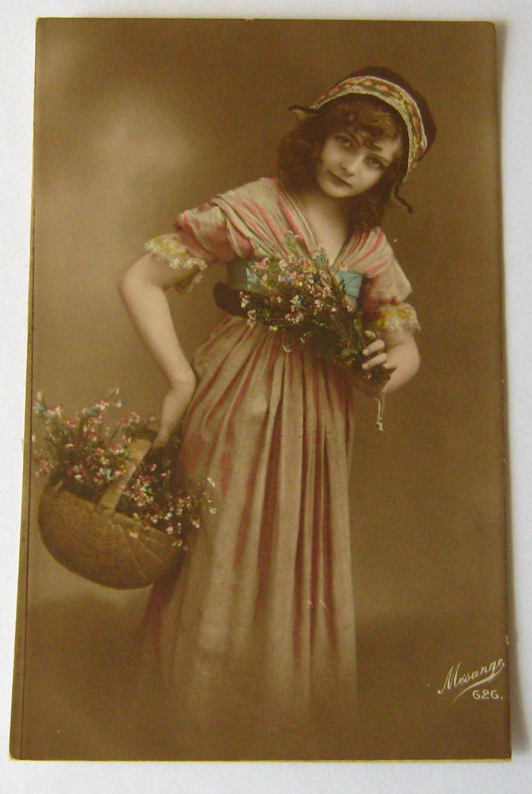 Image of 1918 Antique French Color Postcard Girl in Dress Carrying Flowers Basket Female Vintage Gift For Partner Girlfriend Mother Mum Sister