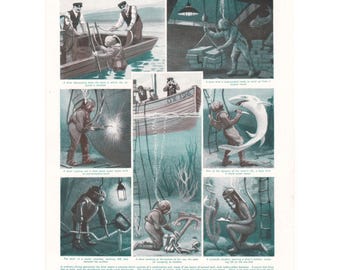 Vintage 1930's Diving Print. Sea Ocean Diver Gift Present. Unframed Wall Decor Art Artwork. Genuine Original Green Tinted Colour Book Page.