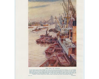 River Thames Vintage Print. Original Genuine 1930's Colour Art Artwork. London Tower Bridge Boats. Architecture Gift Present Decor Idea.