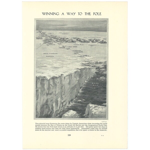 Litografía vintage de los años 30 sobre la exploración del Polo Sur. Regalo ideal para amantes de la exploración polar. Decoración de pared. Página/lámina original de libro.