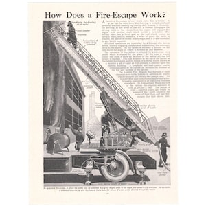 May include: A black and white vintage technical illustration titled How Does a Fire-Escape Work? depicting a fire truck with an extended ladder, multiple firefighters, and detailed labels explaining the mechanical components, gears, and operation.
