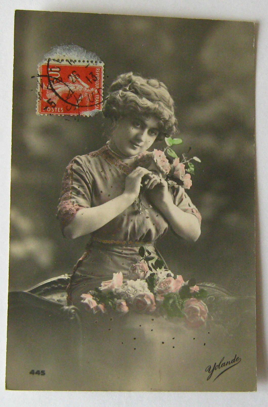 Image of 1913 Antique French Colour Tinted Girl With Flowers Vintage Post Card Photo Photograph