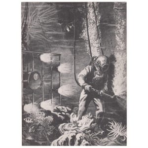 May include: Black and white illustration of a diver in a vintage diving suit, holding a torch underwater. The diver is near a structure with lights and coral. The image has a vintage, nautical theme.