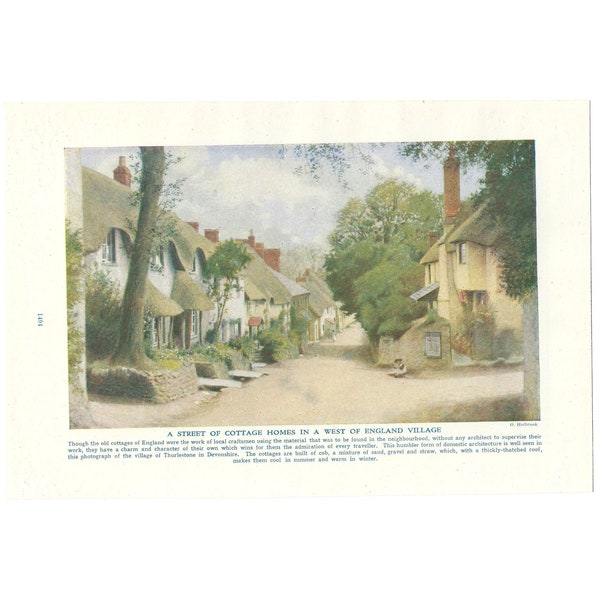 Devon Village Scene 1940s Print. Genuine Original Vintage Colour Lithograph Book Plate. England Cottage Street Thurlestone Devonshire Art.