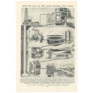 May include: A black and white illustration showing the process of how salt is extracted from the earth and processed for consumption. The illustration shows a well, a brine filter, a centrifugal drier, a steam drier, and a sifter. The text "How the Salt of the Earth Reaches Your Table" is at the top of the illustration.