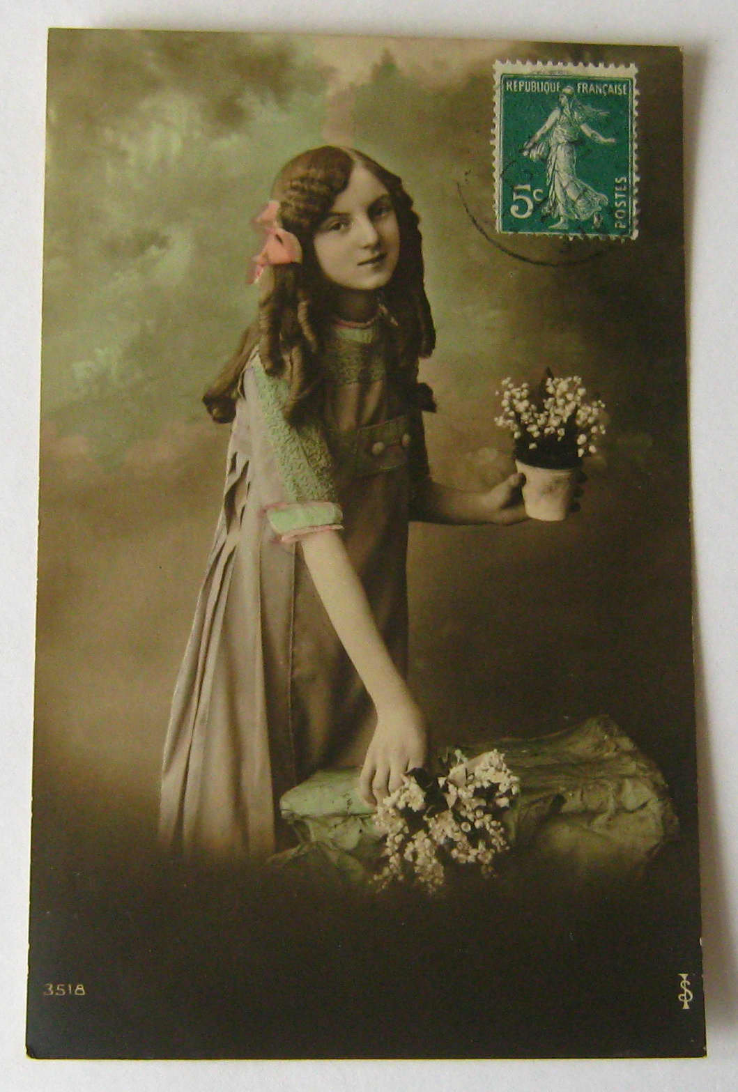 Image of 1912 Antique French Color Postcard Girl Holding Flowerpot Flower Pot