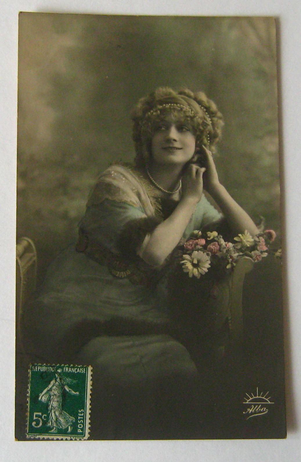 Image of 1912 Antique French Color Postcard Smiling Lady Sat in Chair Post Card Woman Female Vintage Gift Idea Photo Photograph Ideal For Framing