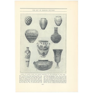 May include: An illustration of nine ancient Egyptian pottery vessels of varied shapes and designs. The vessels are decorated with geometric patterns, lines, and figures. The image is from an old book.