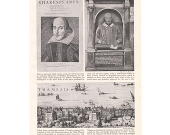 May include: A black and white print featuring portraits of William Shakespeare, a book cover, and a cityscape of London. The print includes text about Shakespeare's plays and the Globe Theatre.