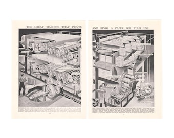 2 x Vintage Newspaper Printing Machine Prints. Genuine Original 1930's Book Pages. Media Paper Production Industry Social History Art Gift.