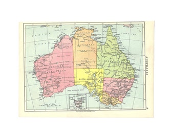 Vintage 1950s Map Print Of Australia. Genuine Original Lithograph Book Plate/Page. Australian Gift Present. Unframed Wall Art Home Decor.