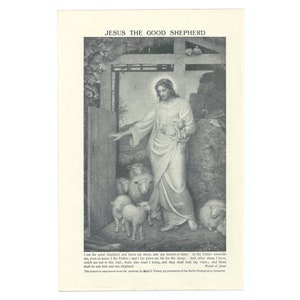 Jesus Vintage 1920's Lithograph Print. Lambs Sheep Shepherd Religious Christian Religion Unframed Art Artwork. Christmas Present Gift Idea. image 1