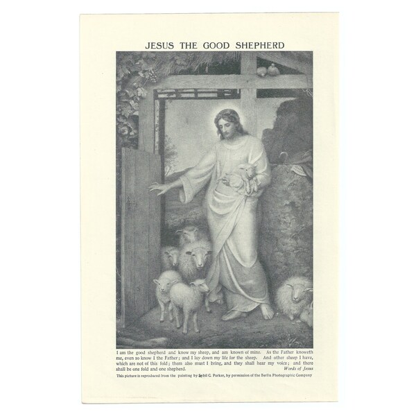 Jesus Vintage 1920's Lithograph Print. Lambs Sheep Shepherd Religious Christian Religion Unframed Art Artwork. Christmas Present Gift Idea.