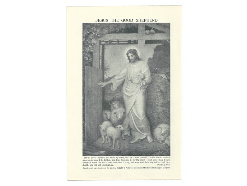 Jesus Vintage 1920's Lithograph Print. Lambs Sheep Shepherd Religious Christian Religion Unframed Art Artwork. Christmas Present Gift Idea. image 1