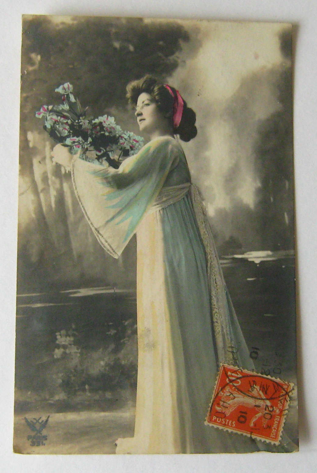 Image of 1910 French Antique Colour Tinted Postcard Lady Holding Bouqet Of Flowers Color Post Card Vintage Gift Idea Mum Mother Sister Grandma Gran